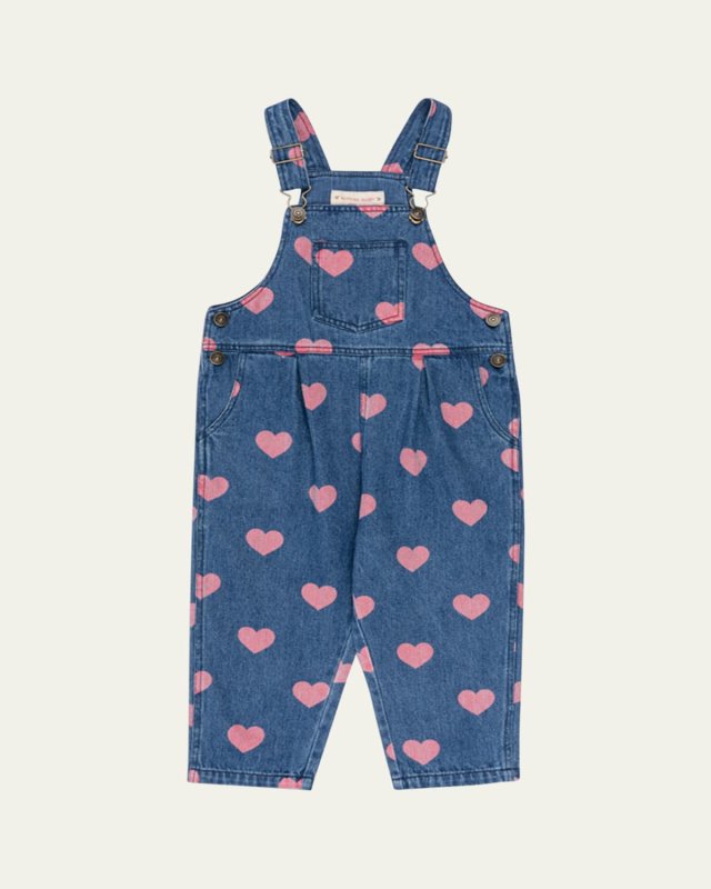 Girl's Magot Heart-Print Denim Overalls, Size 18M